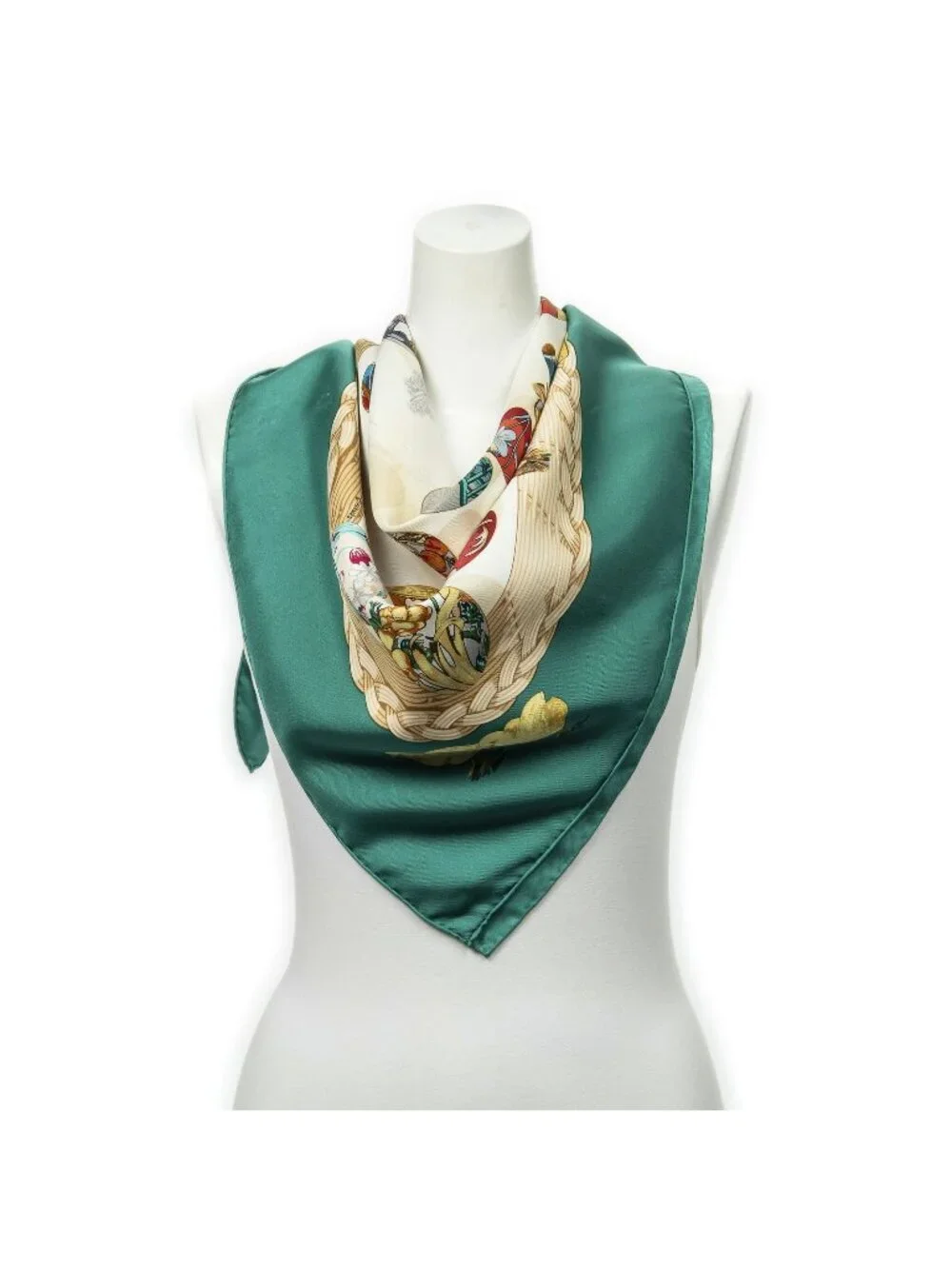 Hermes Scarf Green Beige White Twill Silk